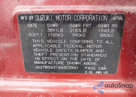 2011 Suzuki Sx4 Premium/Tech Valu Pkg (Nav) from USA, damaged, VIN JS2YB5A31B6303961